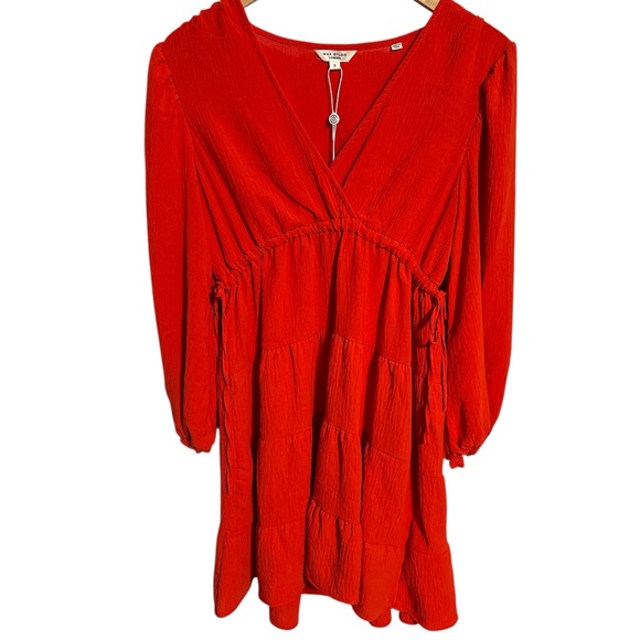 Max Studio NWT Vibrant Red V Neck Side Tie Boho Tiered Crinkle Jersey Knit Dress - Picture 3 of 13